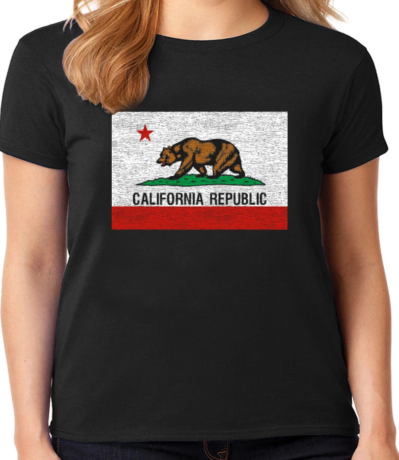California Flag T-shirt Womens Ladies Tee Shirt California Bear Graphic Tee L