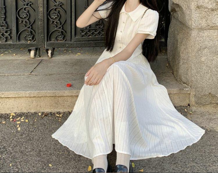 Women's White Puff Sleeve A-Line Dress - Slim Waist, Wide Hem, Chic First Love Style