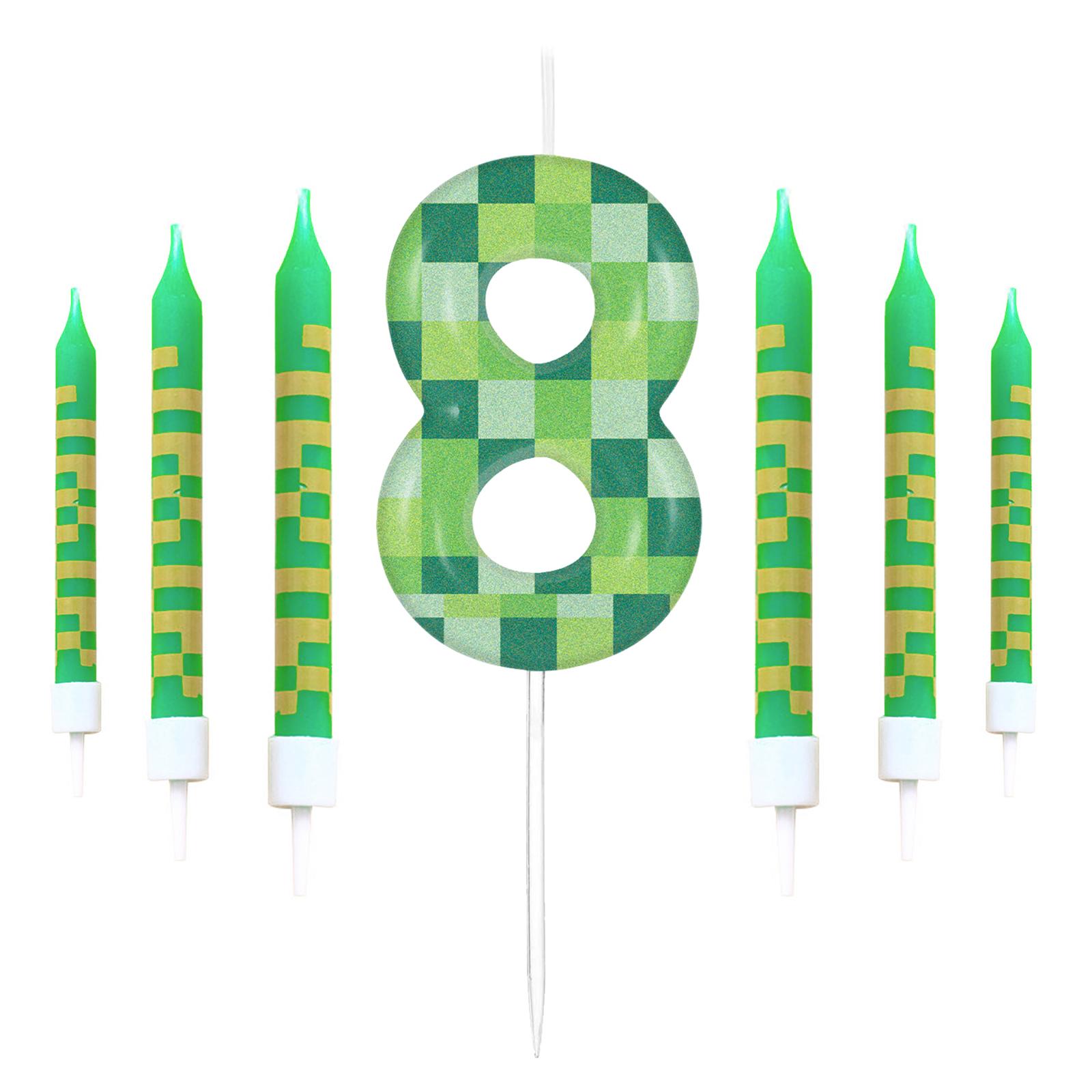 

7 шт. Зеленые свечи «Мой мир» для вечеринки по случаю дня рождения в пиксельной тематике, украшение для вечеринки в стиле видеоигры, топпер для торта 0-9, цифровые свечи