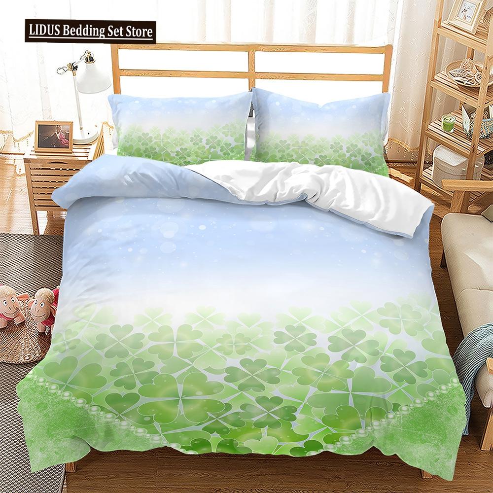 Four-leaf Clover Duvet Cover Set Green Leaves With Good Luck Polyester Comforter Cover For Kids Boy Girl Bedding Set King Size