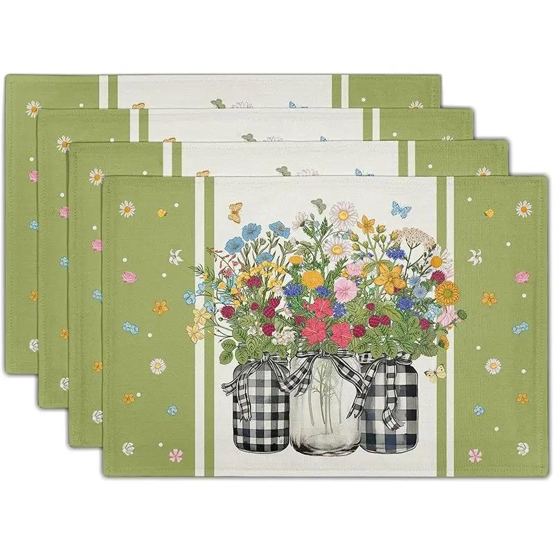 1PC Sunflower Placemats Linen Buffalo Check Plaid Autumn Leave Table Place Mat for Farmhouse Thanksgiving Kitchen Dining Decor