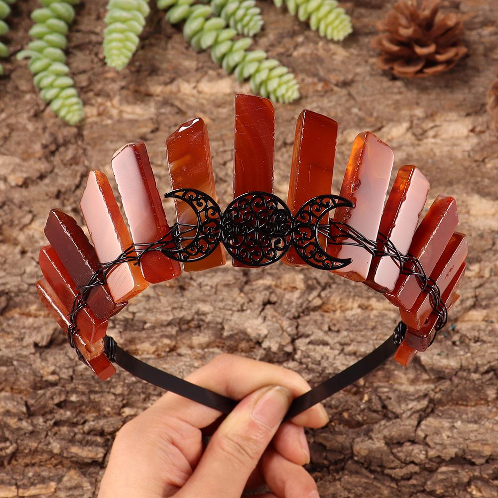 Natural Crystal 3 Moons Black Crown Headband - Halloween Hair Accessory