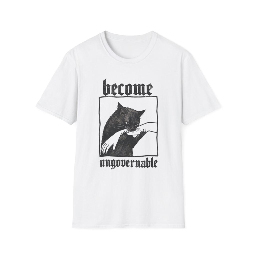 Become Ungovernable Funny Graphic Cat Biting Hand T-shirt, Unisex Cotton