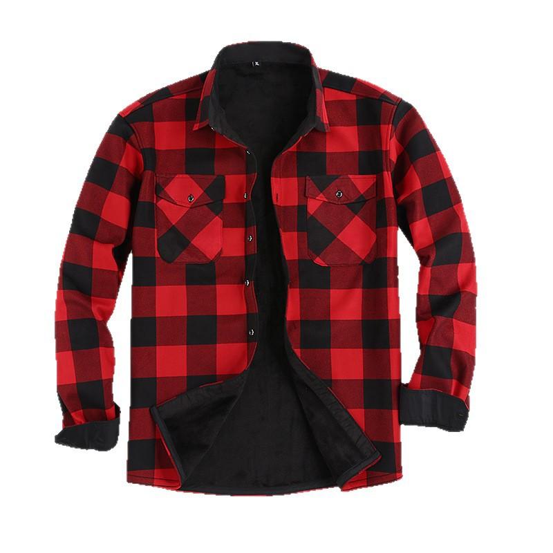 New Flannel Men's Shirt with Two Pockets and Fleece Lining – Loose-Fit Checked Shirt, Long-Sleeved Men's Top