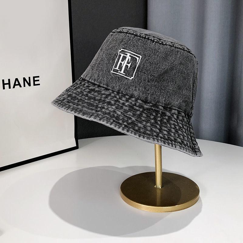 Hat women's retro washed denim bucket hat big head circumference washbasin hat embroidery versatile bucket hat