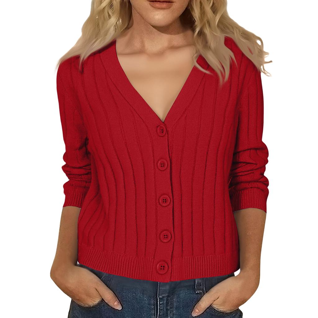 Women's Fashion Long-Sleeve V-Neck Lightweight Knit Sweater Solid Color Outerwear Top