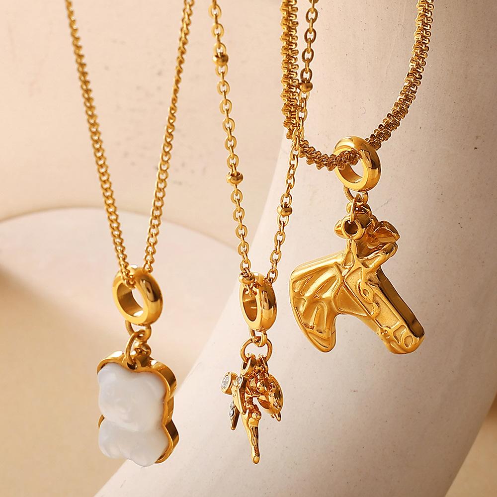Fashion Light Luxury Bear Pearl DIY Pendant Necklace Stainless Steel Gold Plated Versatile Necklace