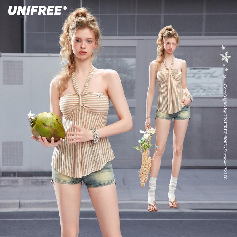 UNIFREE French Retro Striped Halter Neck Tube Top Vest M