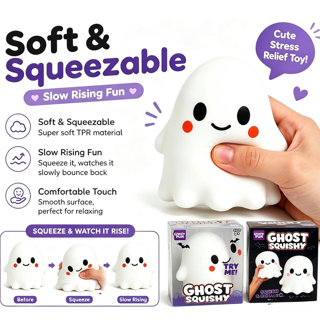 Ghost Squishy Toy, Slow Rising Stress Relief Fidget Toy, Soft Squeeze Sensory Toy for Kids and Adults, Cute Halloween Party Gift