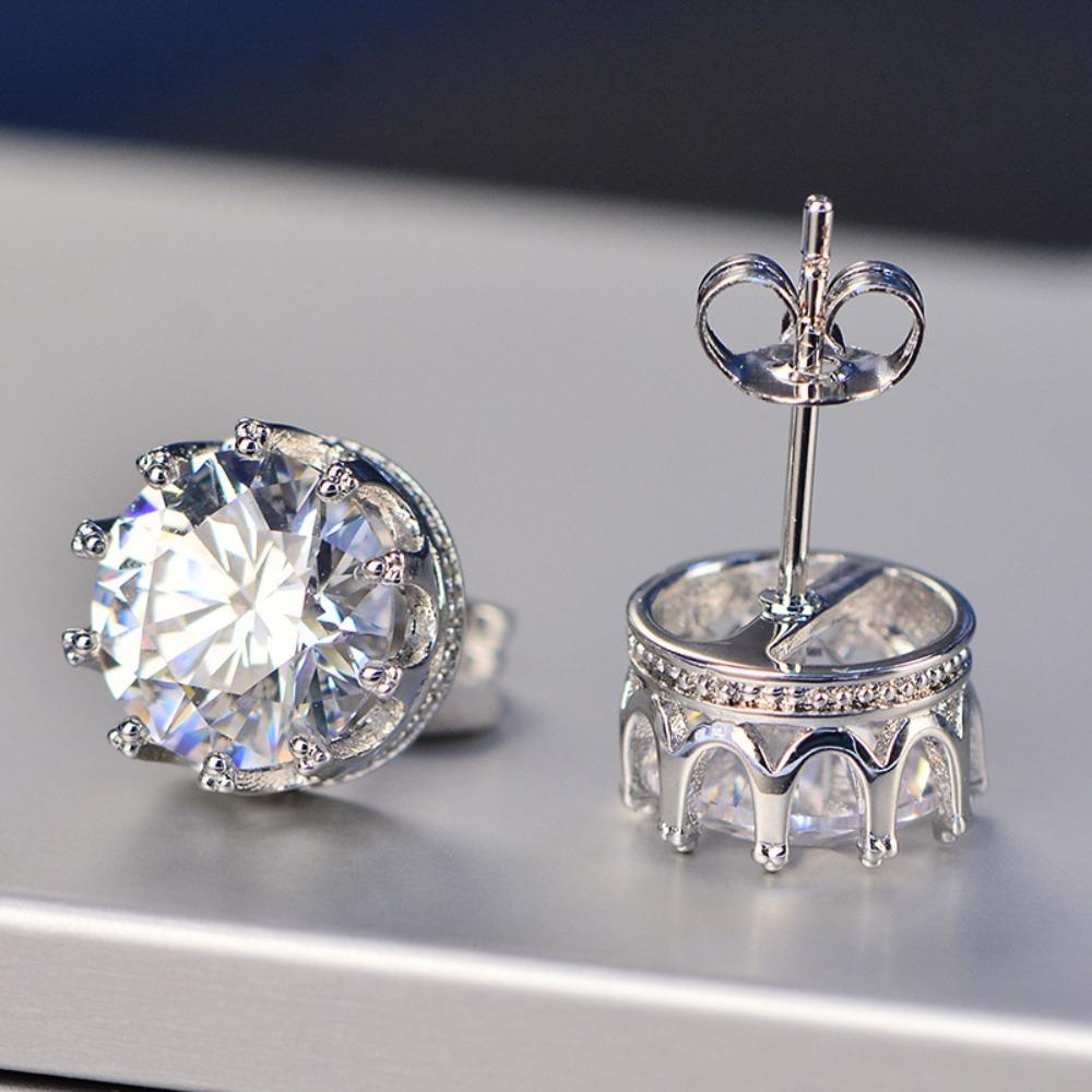 1 Carat Crown Earrings with D Color Moissanite Sparkling High Carbon Diamond Stud Earrings for Women