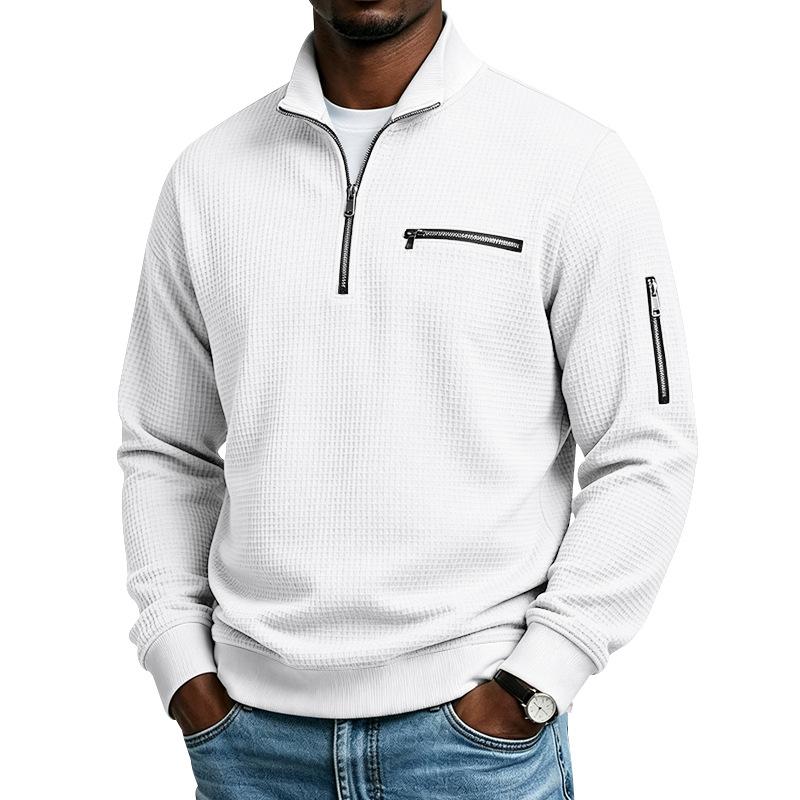 Men's Waffle Textured Half Zip Sweatshirt Stand Collar Long Sleeve Casual Pullover