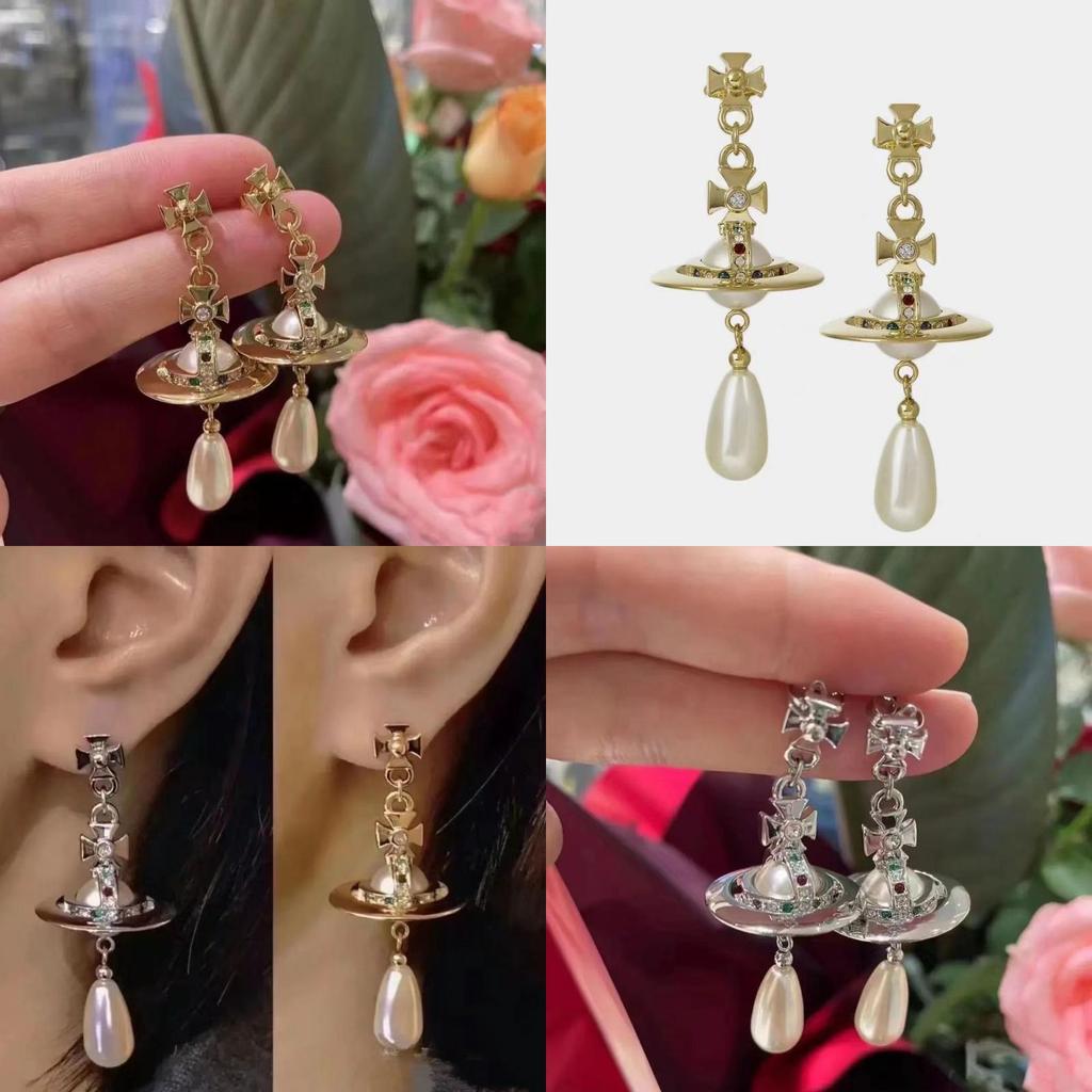 Trendy Vintage Saturn Retro Fashion Lucky Pearl Teardrop Gemstone Pendant Earrings