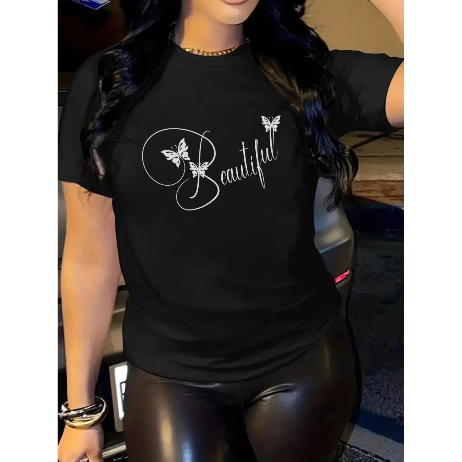 

Beautiful Butterfly Print T-Shirt Soft Comfortable Women Short Sleeve Crew Neck Tee for Summer S чёрный
