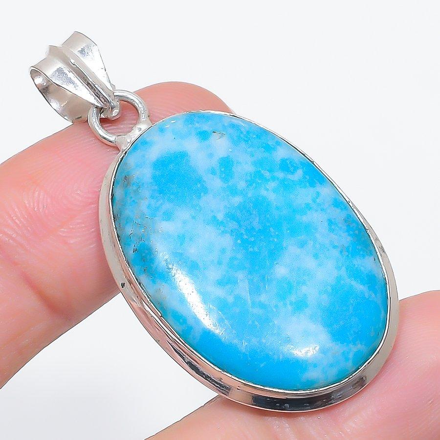 Natural Larimar Gemstone Handmade 925 Sterling Silver Jewelry Pendant 1.97" G4U23