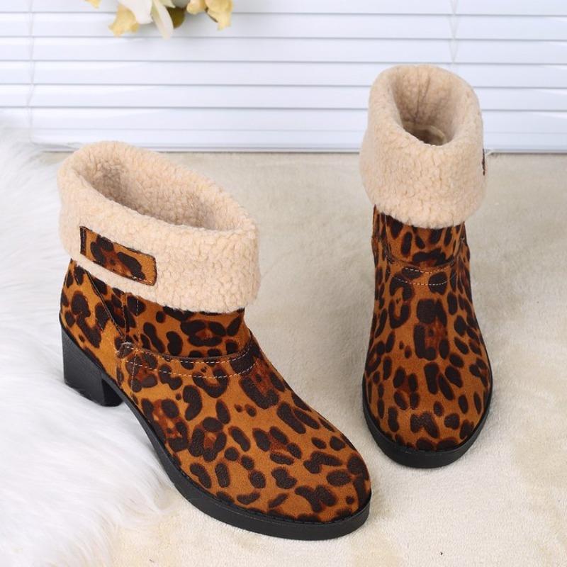 Leopard Print Block Heel Cotton Boots Winter New Round Toe Suede Soft Sole Anti-slip Wear-resistant Short-thigh Boots