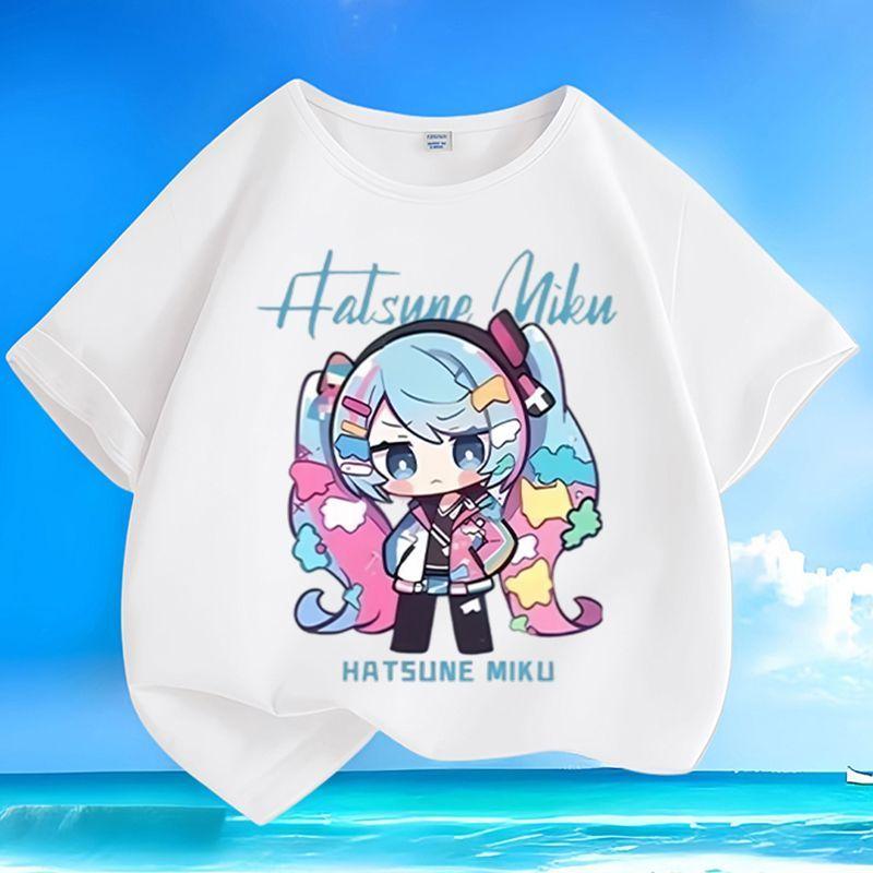 Newly Designed Printed Q-version Cute Hatsune Miku Boy-girl Children's Summer Pure Cotton Loose Casual Short-sleeved Shirt