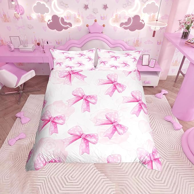 Pink Bow Bedroom anime Duvet Set Bedding King Size Luxury Cover Polyester Christmas Decorations Cute Printed Cartoon home