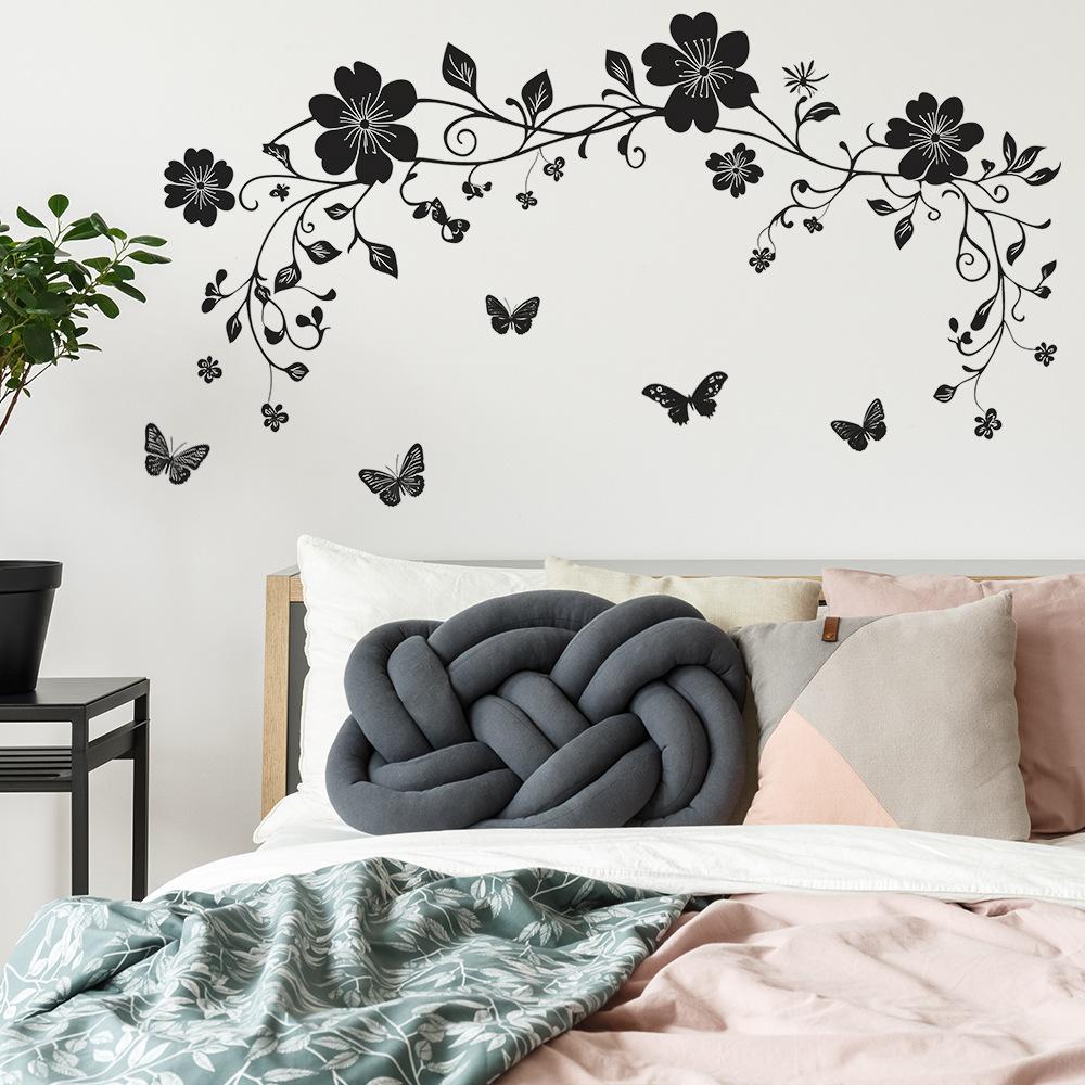 Svart Blommande Rankor och Fjärilar Väggdekal Självhäftande Avtagbar för Sovrum Vardagsrum Bakgrund Heminredning