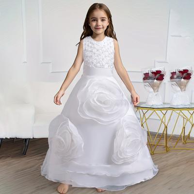 Girls Flower Girl Tailed Princess Dress Walking Host Piano Performance Gown Poncho Christmas Dress Kids Breathable Mesh Formal Outfit
