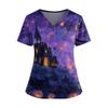 Halloween Print V Neck Short Sleeve Nurse Top with Double Pockets and Side Slits Suitable for Healthcare Workers and Caregivers