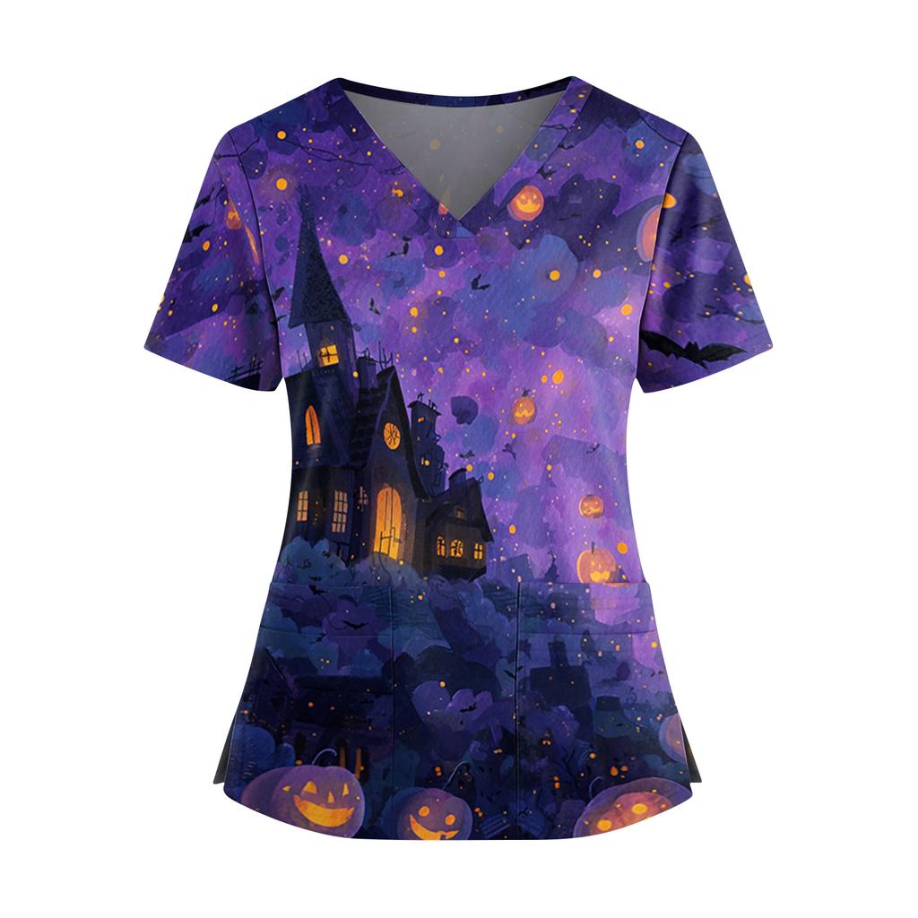 Halloween Print V Neck Short Sleeve Nurse Top with Double Pockets and Side Slits Suitable for Healthcare Workers and Caregivers