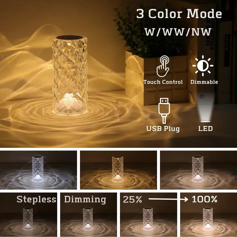 16 Colors LED Crystal Table Lamp Rose Light Projector Home Bar Decoration Touch Recharging Romantic Diamond Atmosphere Light New