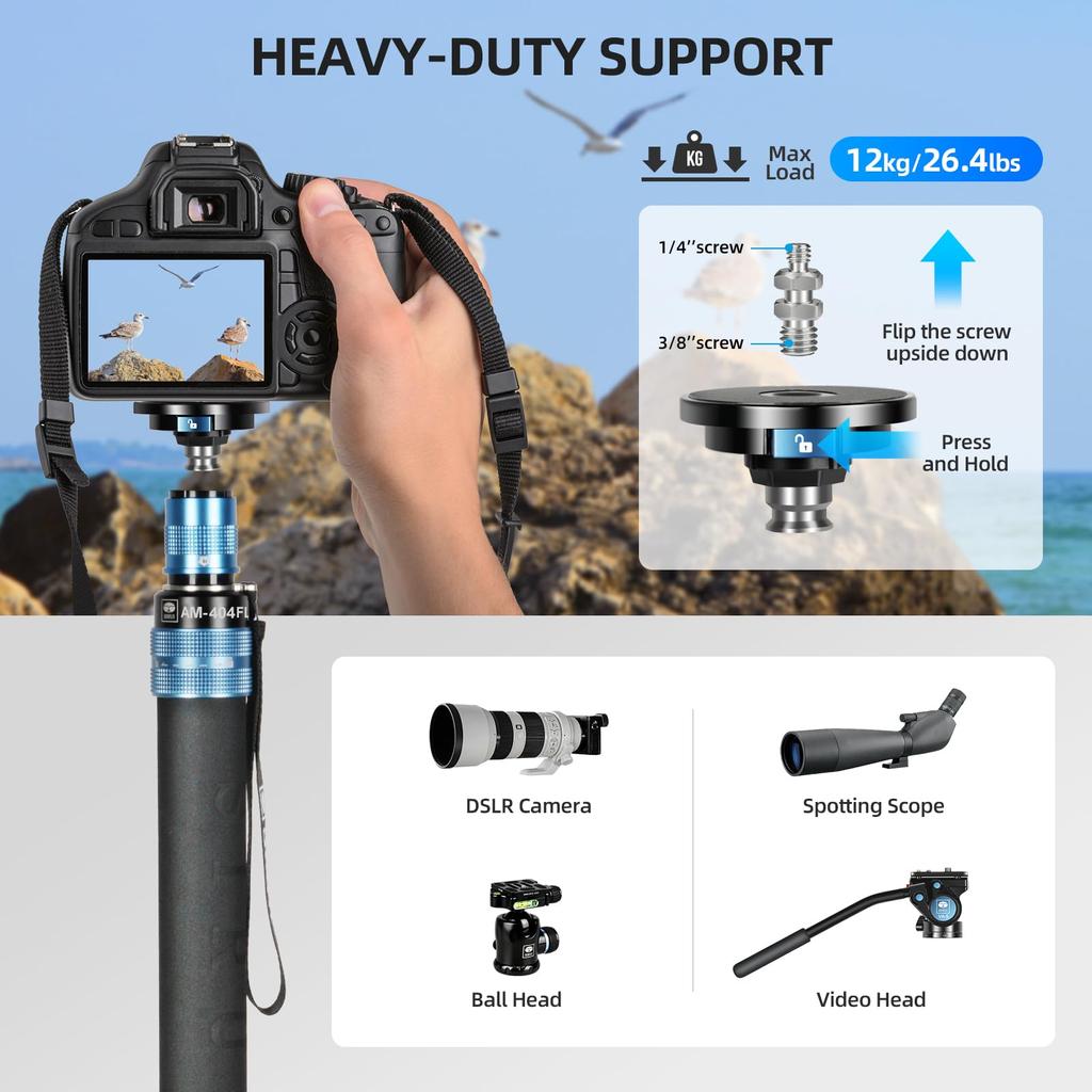 SIRUI Camera Monopod with Feet Aluminum Travel Video Monopod with Detachable Base Slim and Light Weight Max Load 26 Lbs Panoramic Pan 4 Sections for