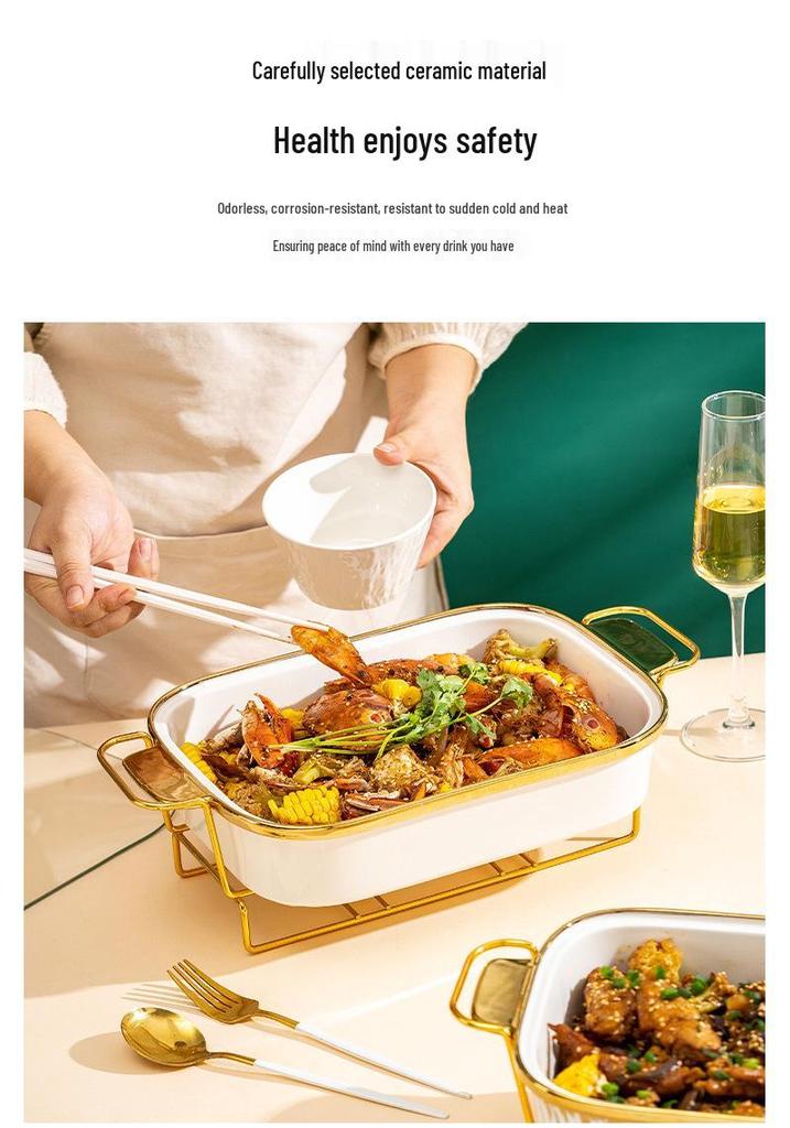 Luxury Ceramic Tableware Set: Rectangular Baking Pan, Casserole Stand, Candle-Heated Soup & Dry Pot