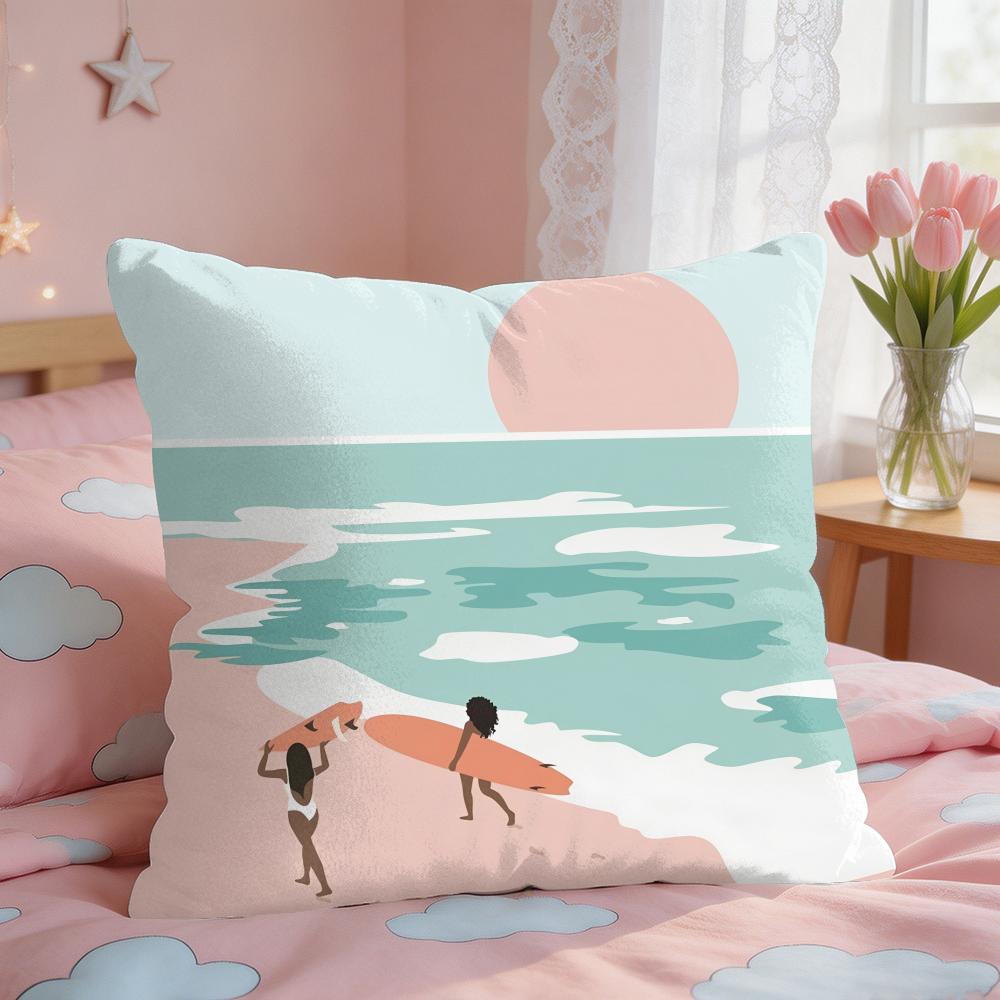 Summer Surfing Ins Art Cushion Cover Square Short Plush Pillow Case Living Room Sofa Home Decor Funda X