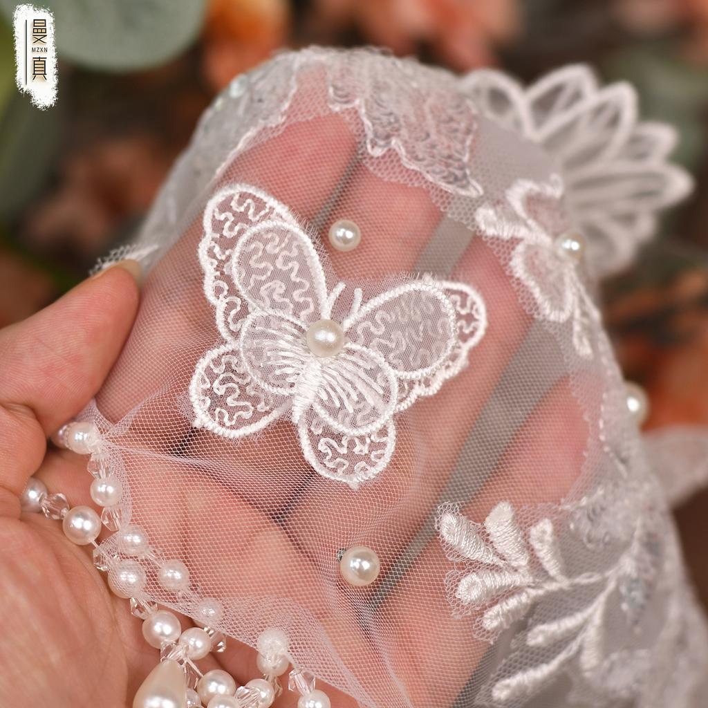 Vintage Lace Birdcage Wedding Veil, Pearl Tassel Bridal Cap Veil, Butterfly Floral Lace Beaded Headpiece for Bride
