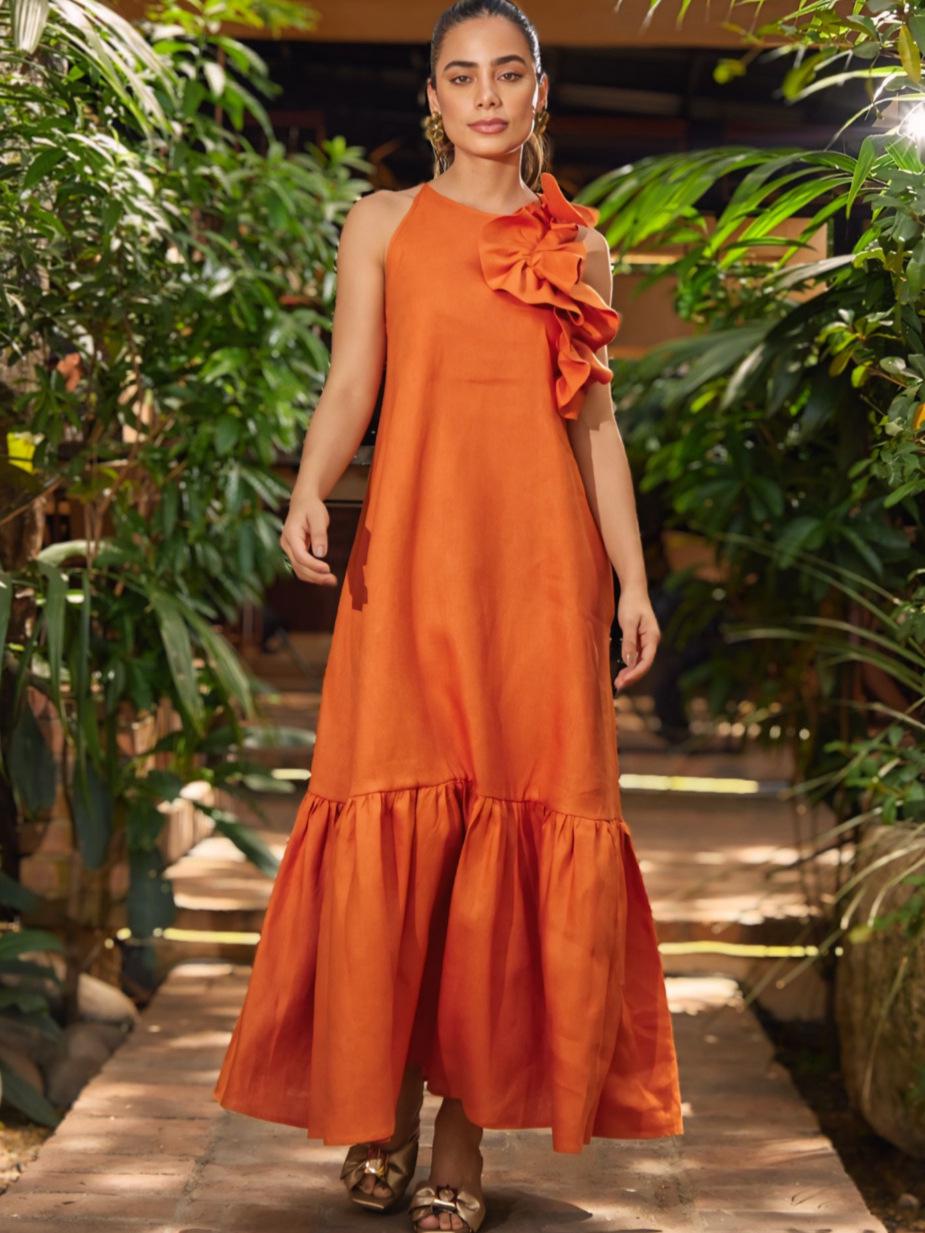 2026 Summer Women s Ruffle Patchwork Sleeveless Dress - Round Neck, Casual Fashion XS оранжевый красный