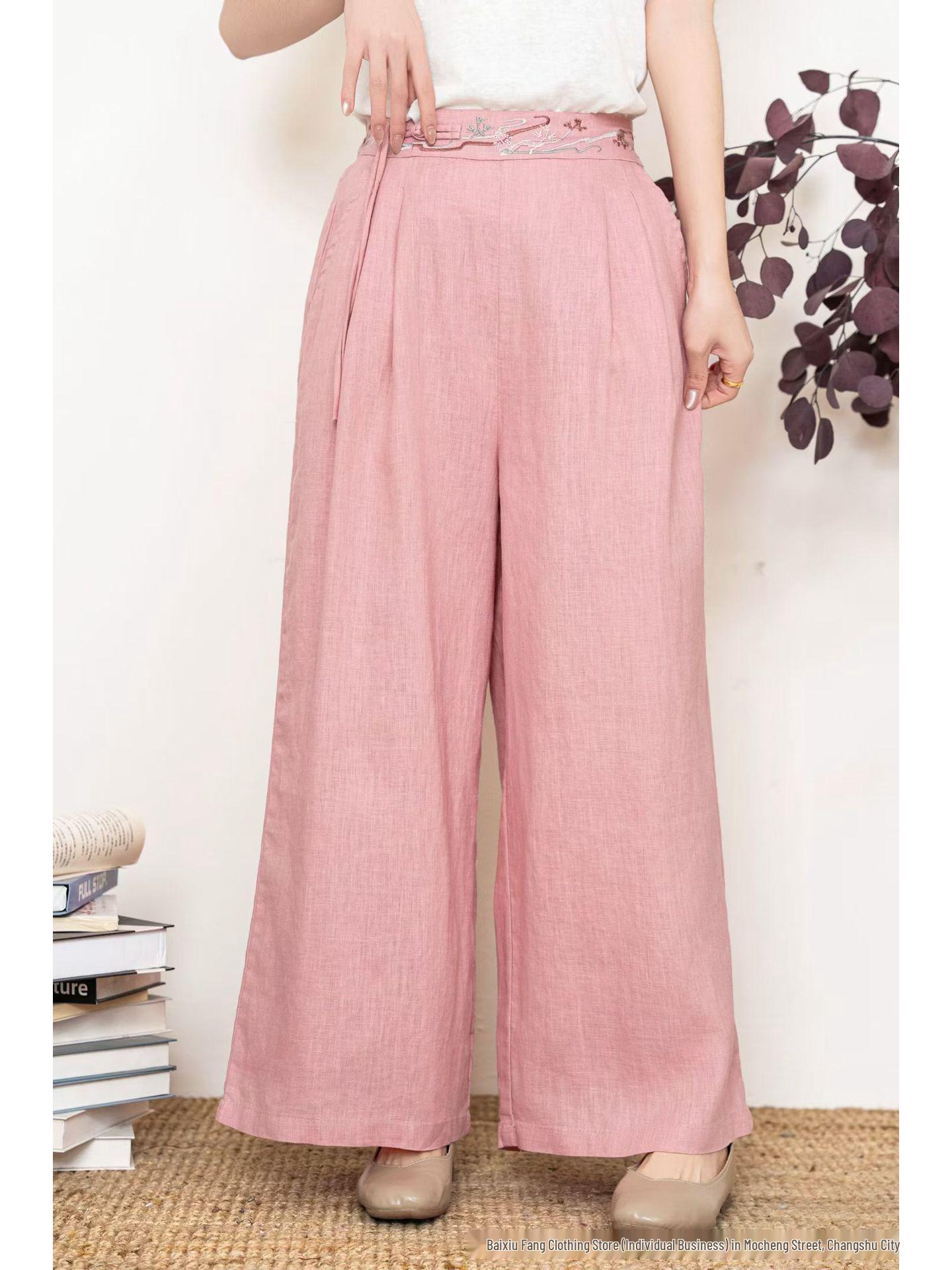 Women s Artistic Retro Embroidered Linen Wide-Leg Pants - Spring/Autumn Style, Versatile Loose-Fit, Straight-Leg Design One Size