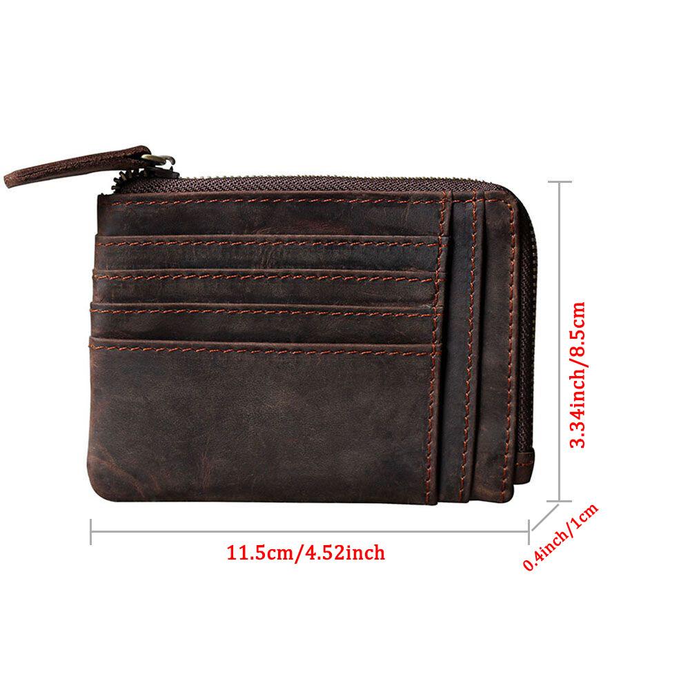 Wielokieszeniowy Portfel Męski Retro Kawa Ręcznie Robiony Skóra Crazy Horse Designerski Zapinany na Zamek Kieszonki na Monety i Karty Kredytowe Małe Saszetki