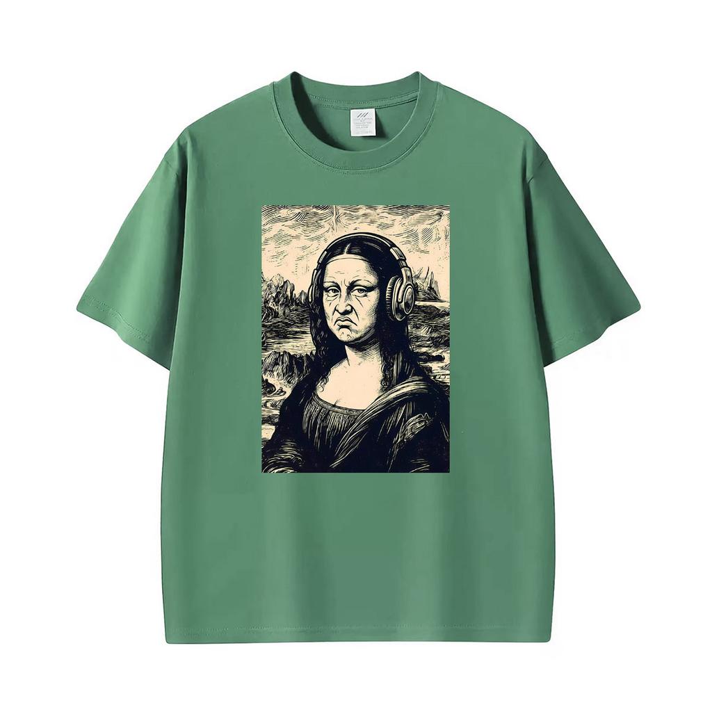 Vintage Mona Lisa Headphones Funny Disgust Face Parody Art T Shirts Unisex Unisex Casual Cotton Fashion T Shirt Short Sleeve Tshirt