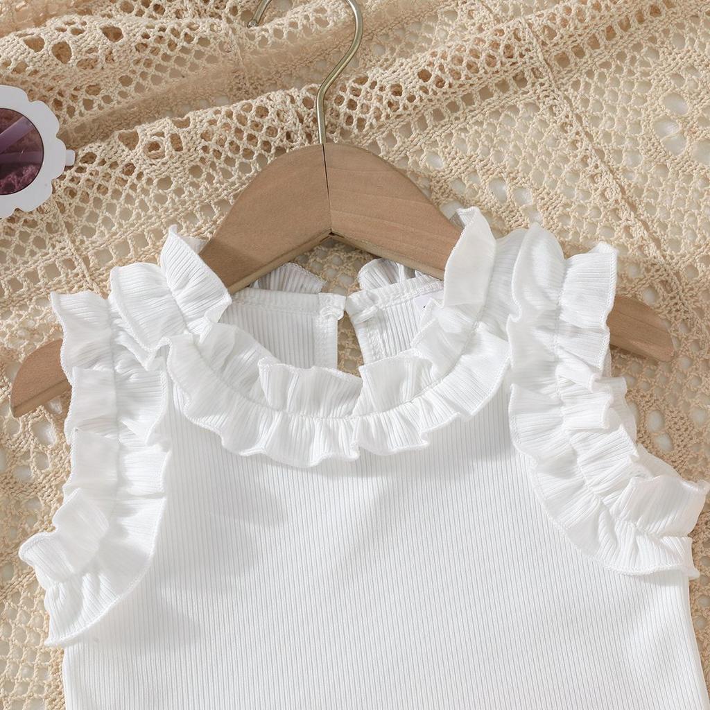 Baby Girls 2-Piece Outfit, Ribbed Ruffle Neck Top and Embellished Denim Shorts