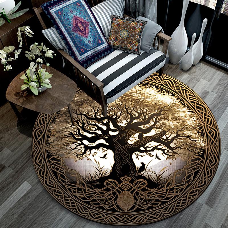 Golden Tree Round Area Rug,Carpet Rug for Living Room Bedroom Sofa Playroom Decor,Non-slip Floor Mat