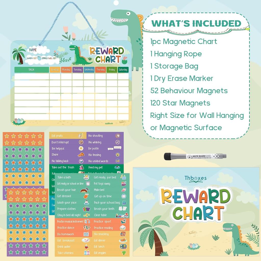 Reward Chart for Kids, Dinosaur Magnetic Behavior Chart for Kids at Home with 26 Chore Charts, 120 Magnetic Star Stickers Dry Erase Responsibility