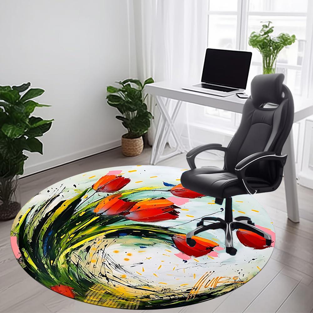 1PC Floral Abstract Office Round Area Rug, Mat Suitable For Office, Under Office Chairs Bedroom Living Room Home Decor, Room Deco