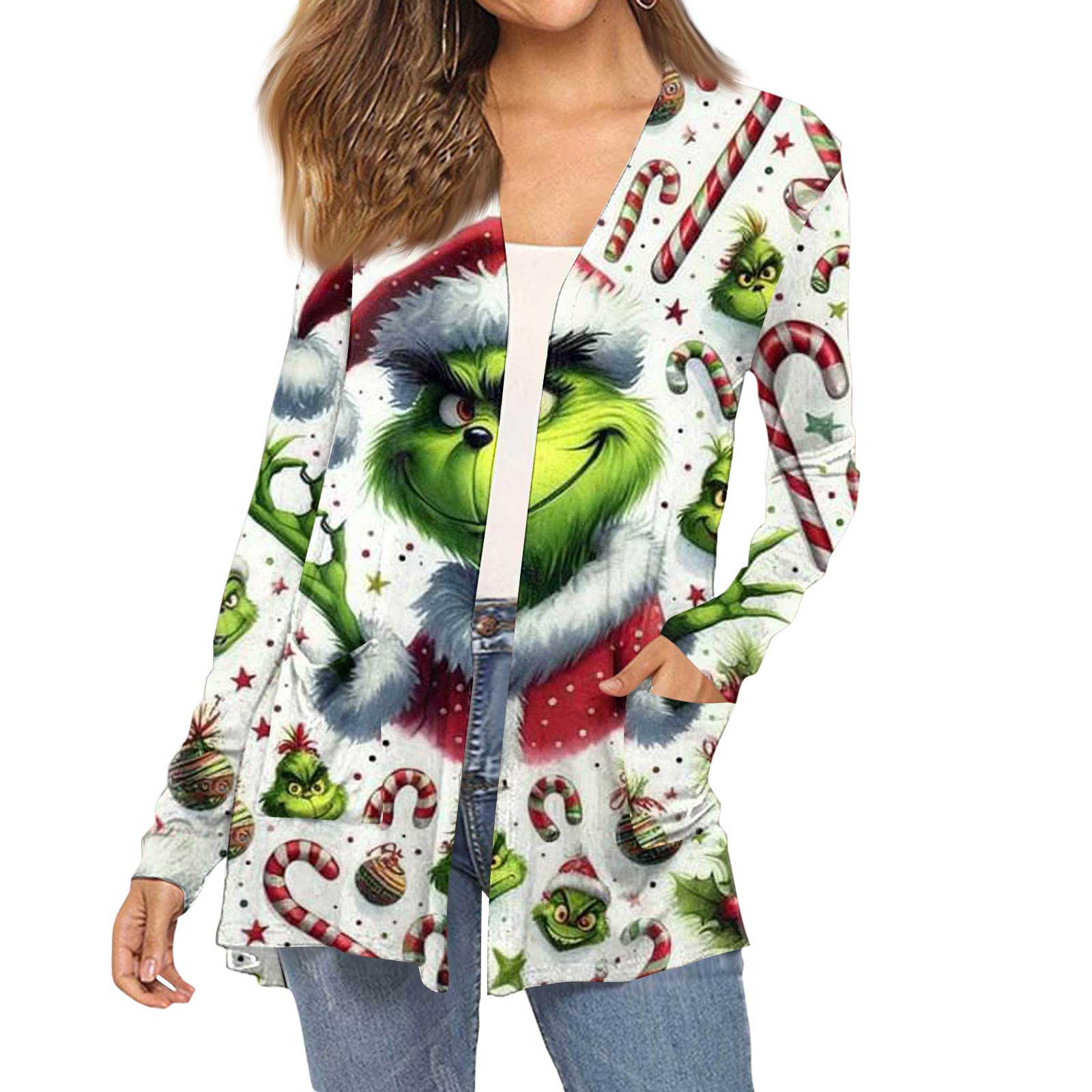 

Женский модный кардиган-пальто с длинным рукавом, карманами, приталенного силуэта и рождественским принтом XL белый