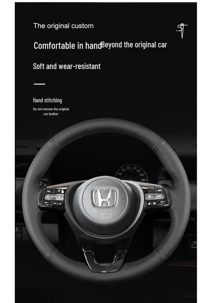 Genuine Leather Hand-Stitched Steering Wheel Cover for Honda Civic, Accord, CRV, HR-V, Fit, and Guandao Models