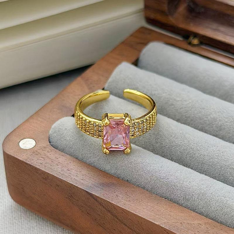 Medieval Vintage Pink Zircon Colored Treasure Open Ring Niche Light Luxury High Sense Stacked With Diamond Rings Woman