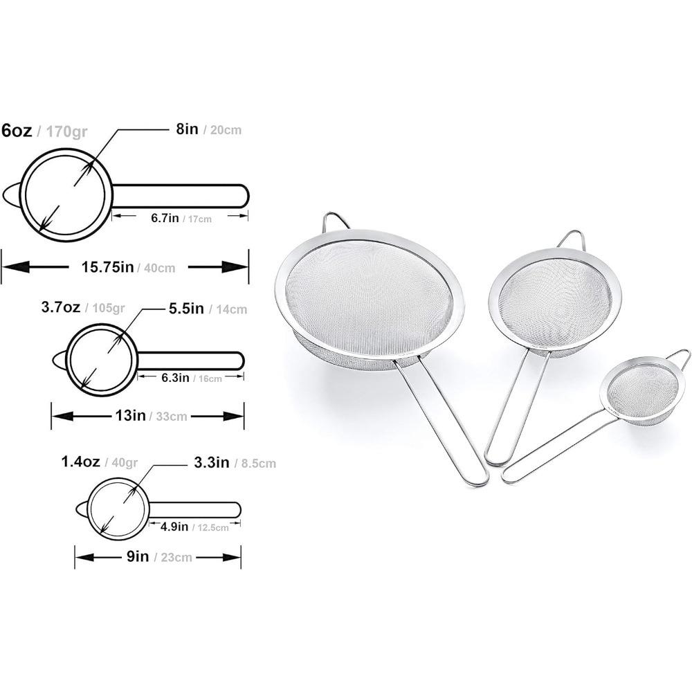 3 Pack Strainer Set Fine Mesh Extra Fine Mesh Strainers, Large, Medium & Small Sifters, Ideal for Pasta, Rice