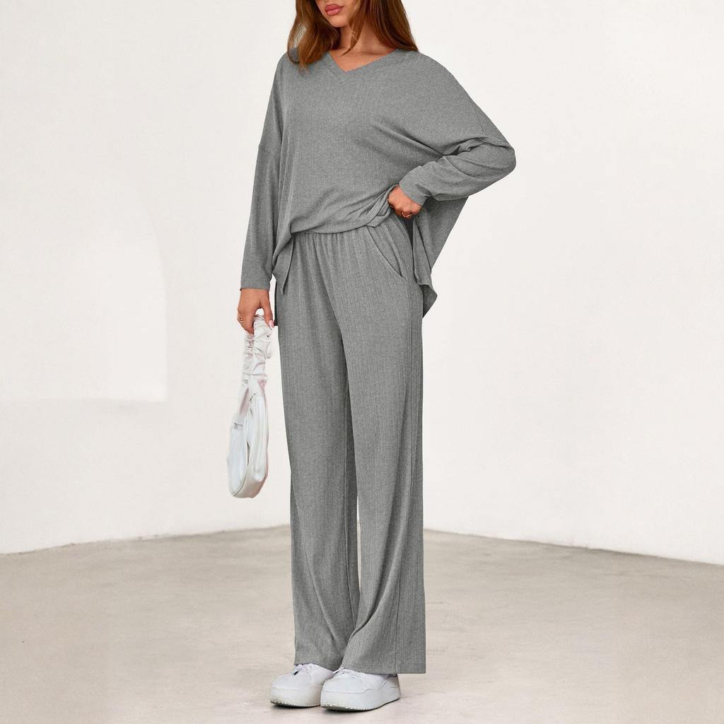 Fashionable Women's Two-Piece Cotton Casual V-Neck Long-Sleeved Loose Pants Set