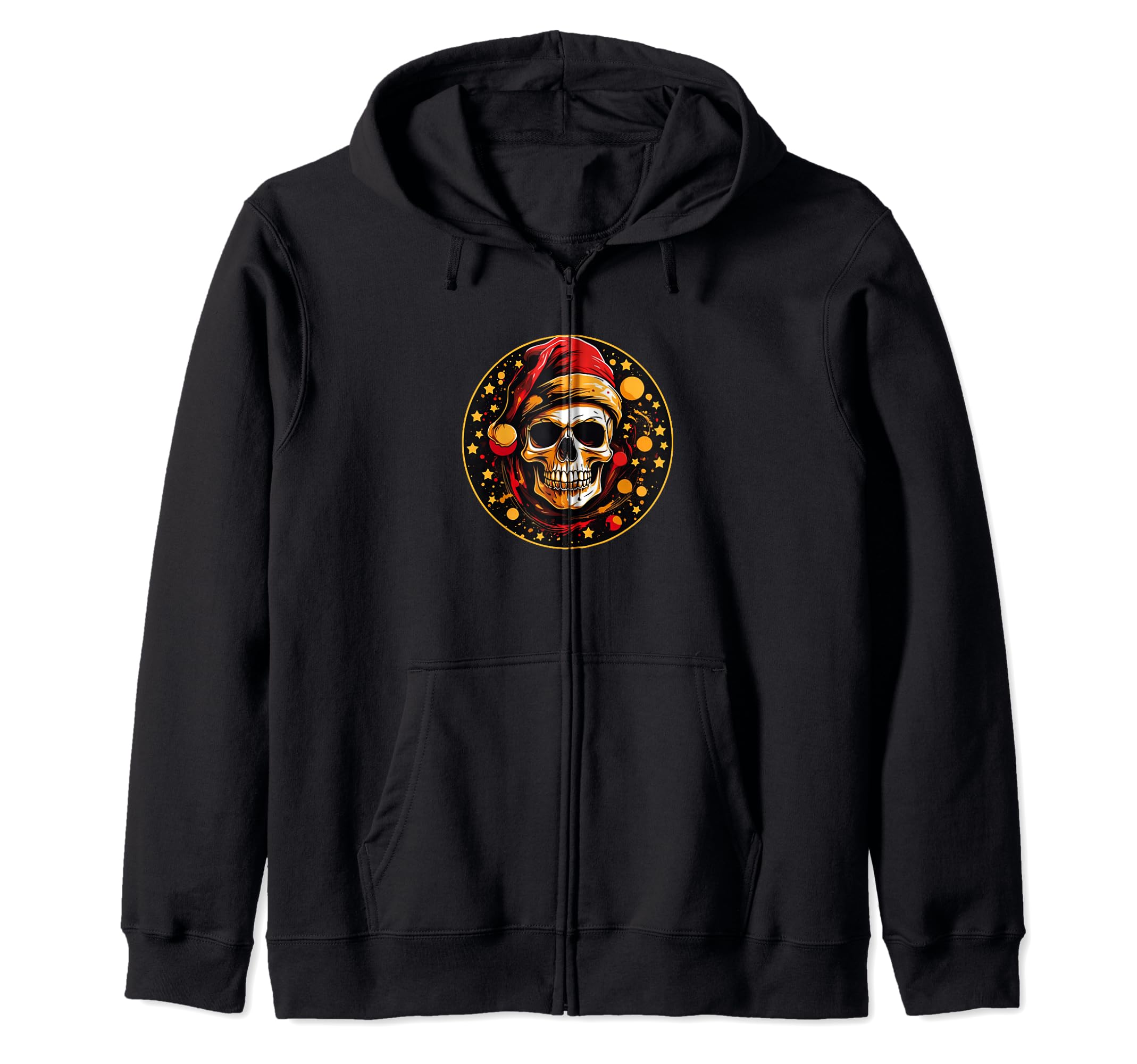 

Christmas Skull Zip Hoodie with Santa Hat and Stars
