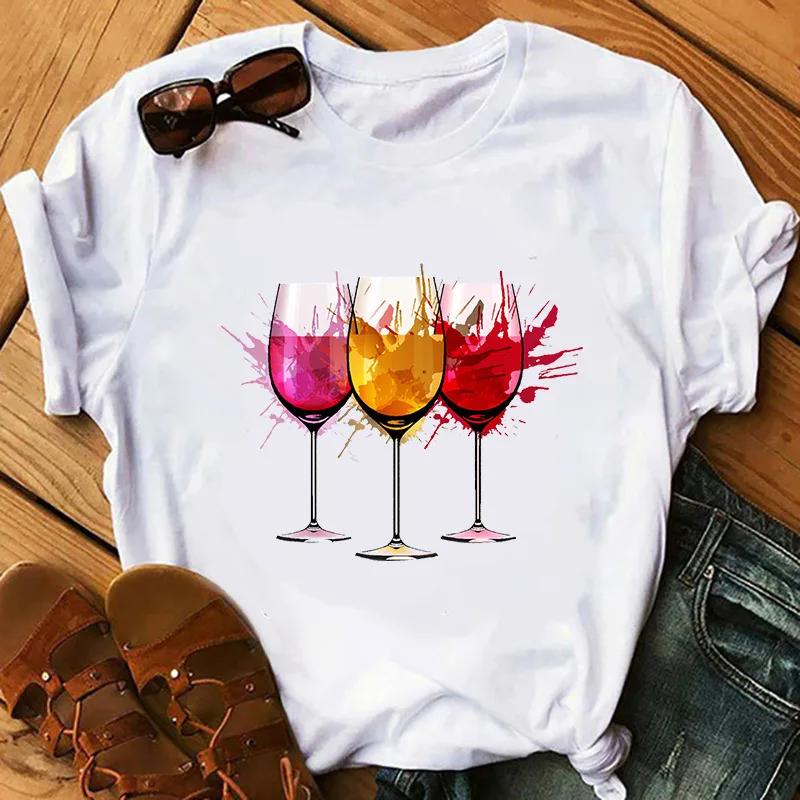Wine Glass Wine Glass Print Short Sleeve T Shirt Women Vintage Tops Harajuku  Graphic T-shirts Aesthetic Clothes Tee