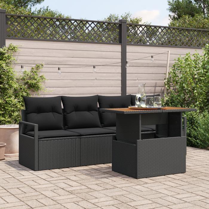 Canapé de jardin 5 pièces avec coussins en poly rotin noir et acacia, Canapé de jardin 2 places avec coussins en poly rotin 3349645