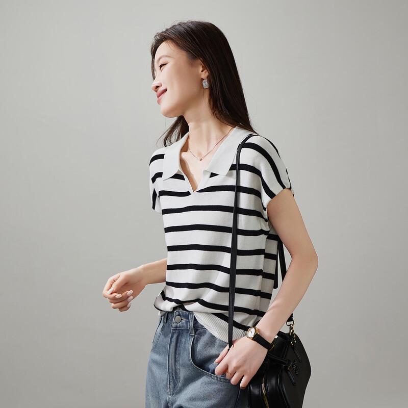 SOFSIL 2026 S/S Casual Striped Lapel Knit Short Sleeve Top M