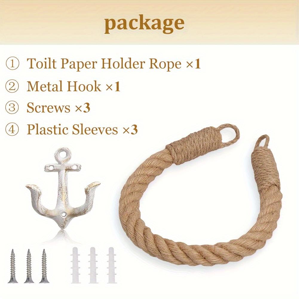 Vintage Nautical Style Rope Toilet Paper Holder with Jute Towel Ring Metal Anchor Hook Wall Mounted Coastal Bathroom Decor, Easy Installation,