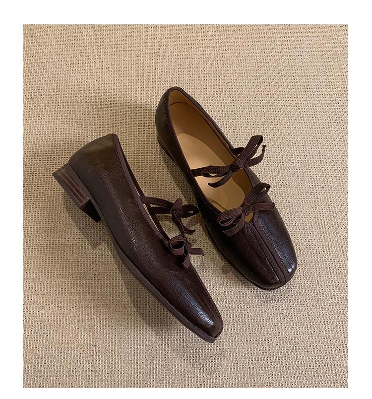 

Версия из коровьей кожи~ ретро-балетки с квадратным носком и неглубоким горлом, женские однопедальные туфли с бантом, туфли Мэри Джейн на плоской подошве из кожи 40