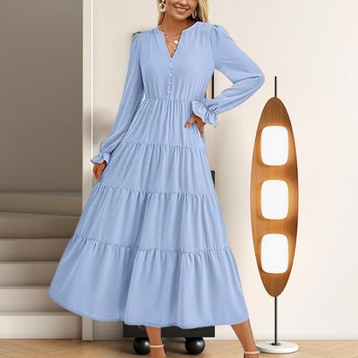 Spring Dress Pleated Patchwork Hem A-line Big Swing Midi Dress V Neck Long Puff Sleeves Flowy Dress High Waist Solid Color Dress